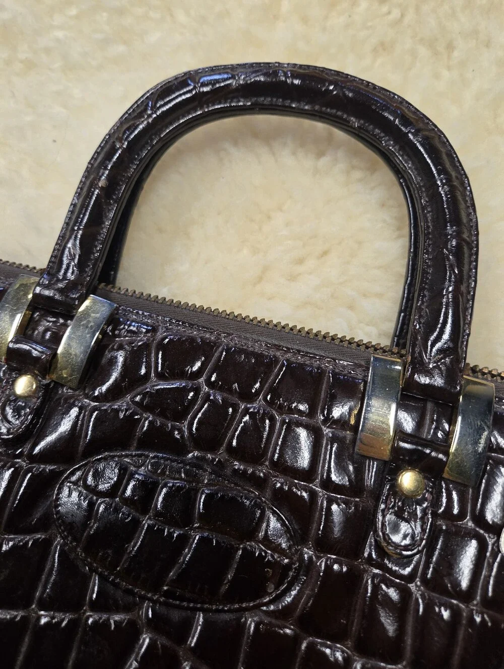 Vintage Morris Moskowitz Brown Crocodile Embossed Leather Handbag 60s Satchel MM